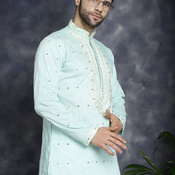 Jompers Men's Chikankari Embroidered Kurta - Sky Blue - Distacart