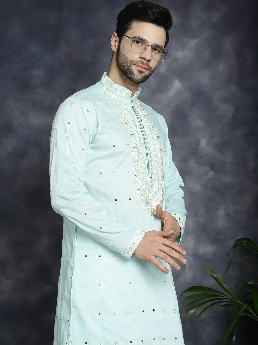 Jompers Men's Chikankari Embroidered Kurta - Sky Blue - Distacart