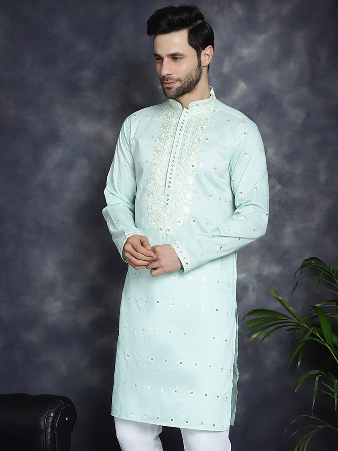 Jompers Men's Chikankari Embroidered Kurta - Sky Blue - Distacart