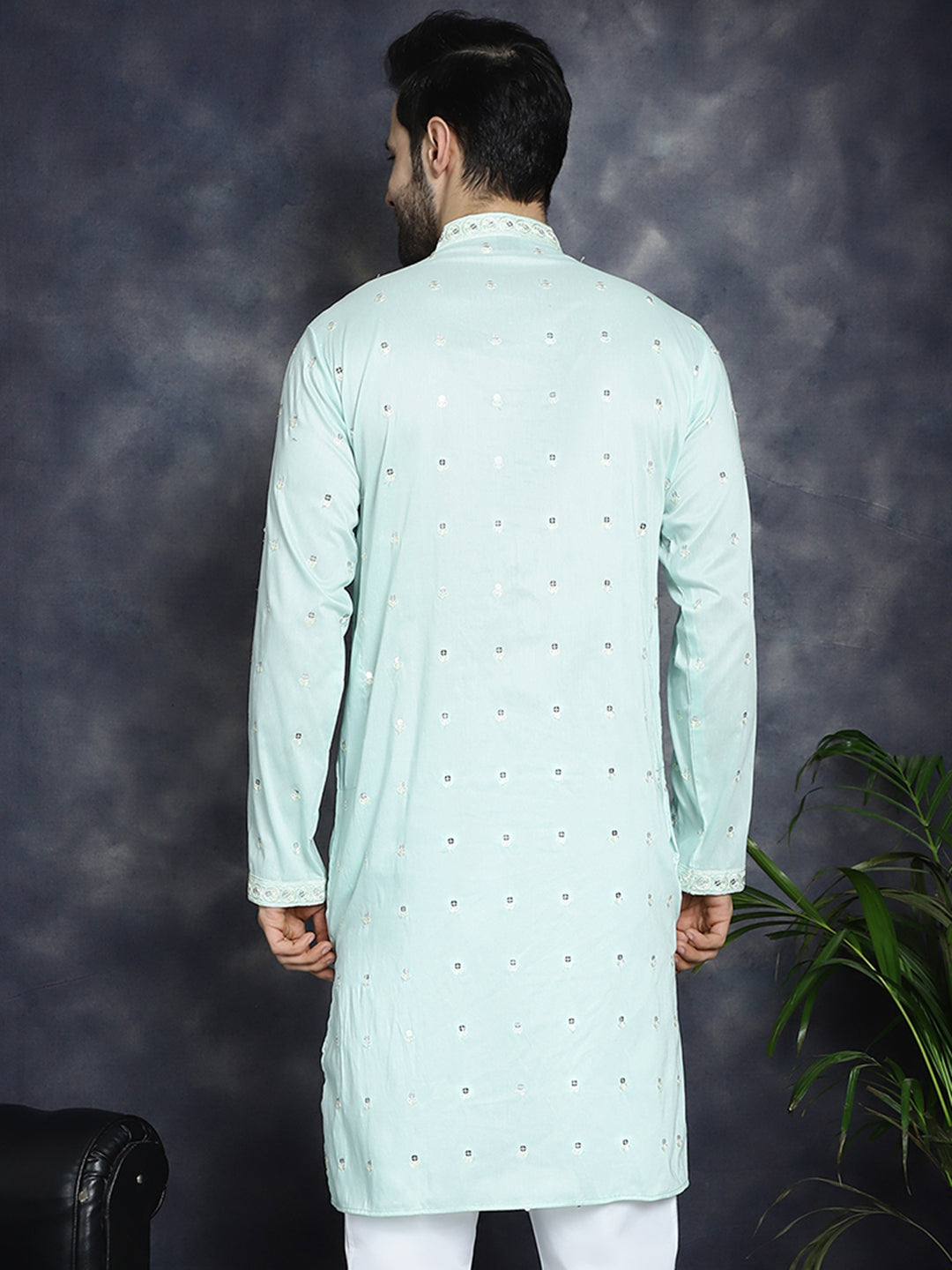 Jompers Men's Chikankari Embroidered Kurta - Sky Blue - Distacart