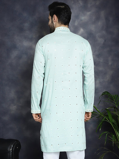 Jompers Men's Chikankari Embroidered Kurta - Sky Blue - Distacart