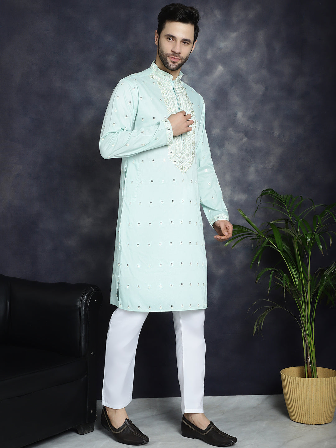 Jompers Men's Chikankari Embroidered Kurta - Sky Blue - Distacart