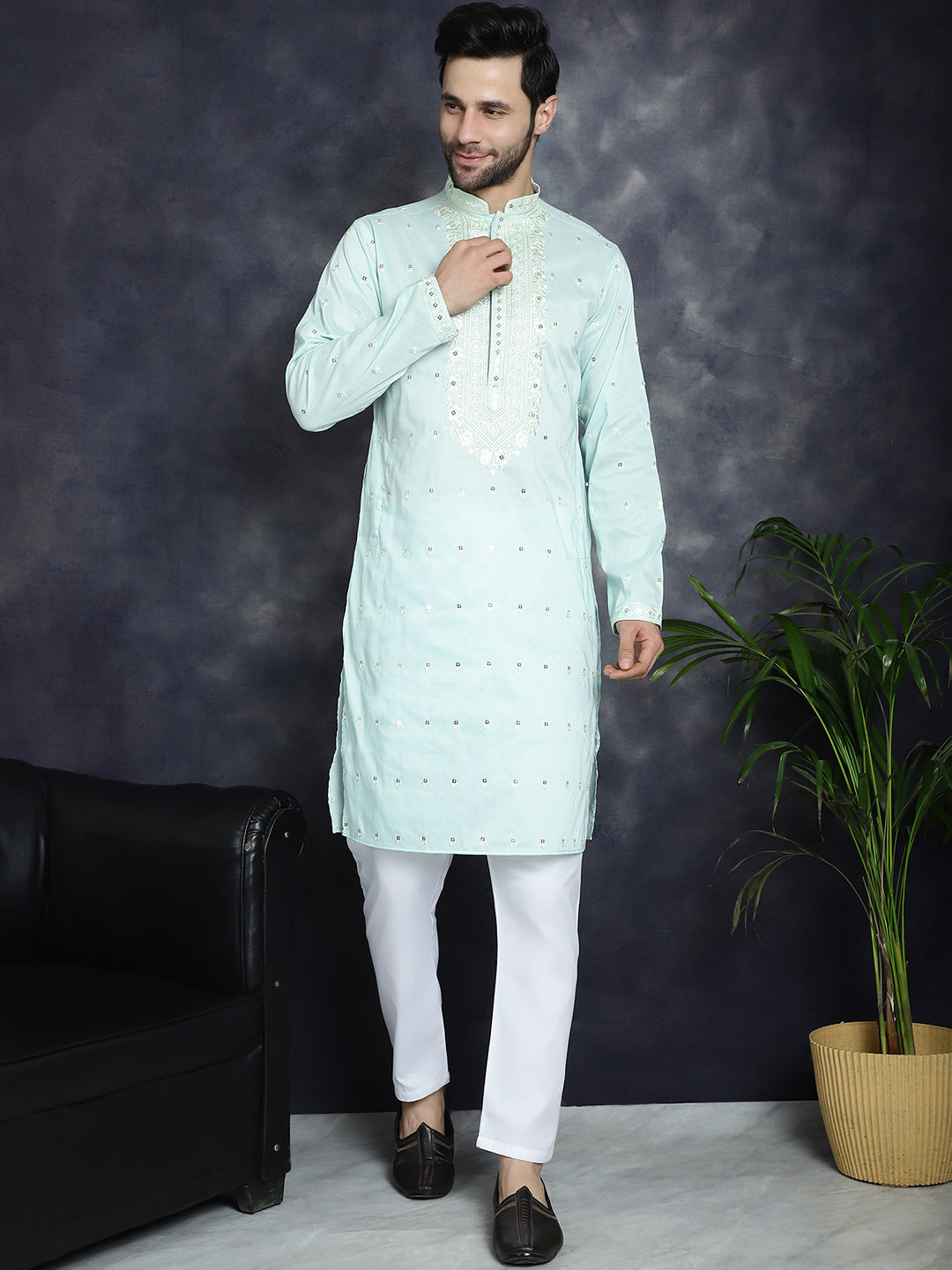 Jompers Men's Chikankari Embroidered Kurta - Sky Blue - Distacart