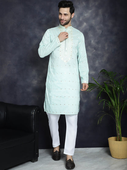 Jompers Men's Chikankari Embroidered Kurta - Sky Blue - Distacart