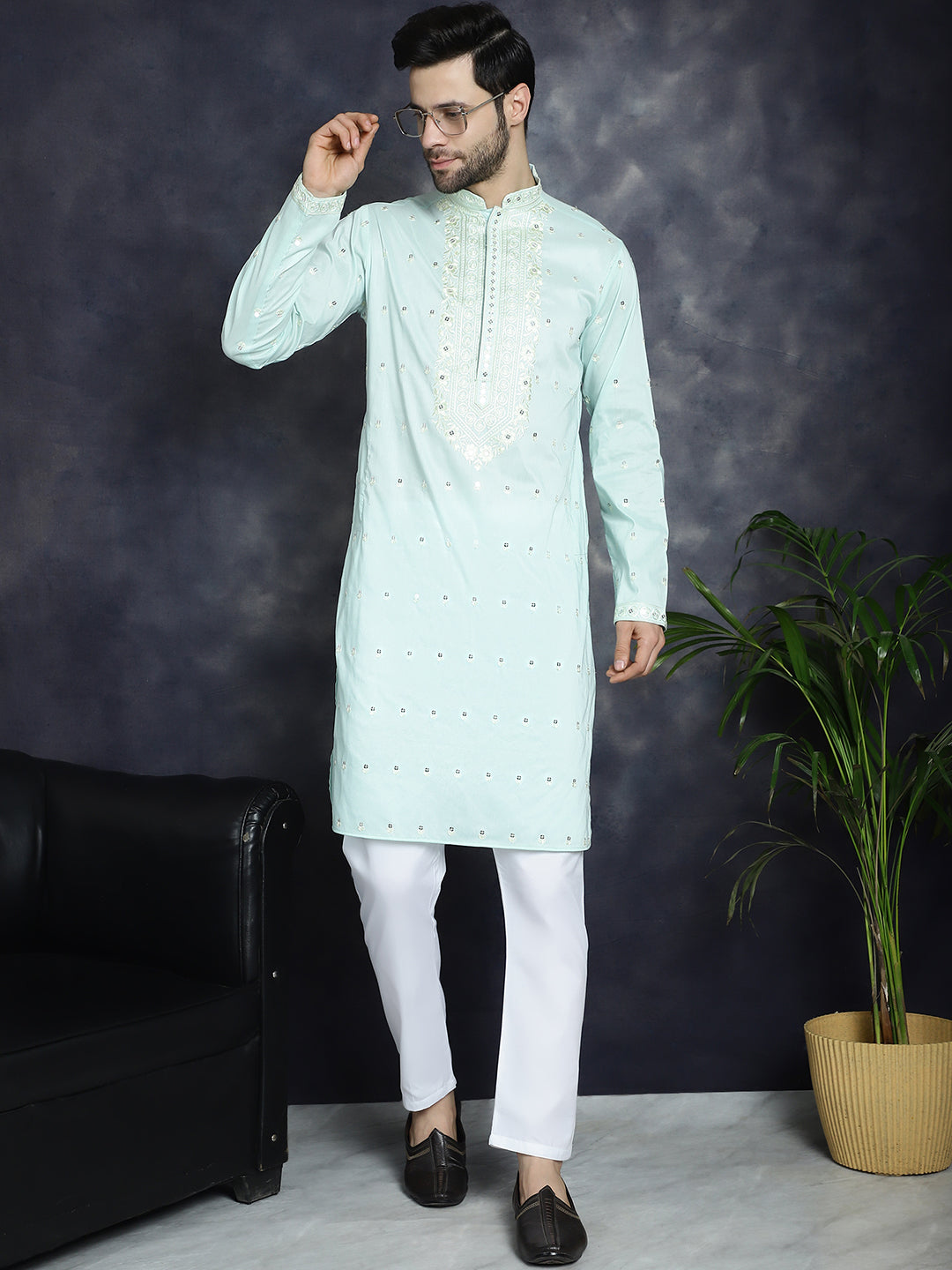 Jompers Men's Chikankari Embroidered Kurta - Sky Blue - Distacart