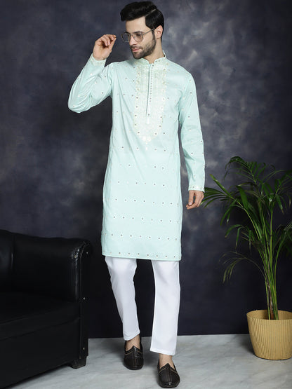 Jompers Men's Chikankari Embroidered Kurta - Sky Blue - Distacart