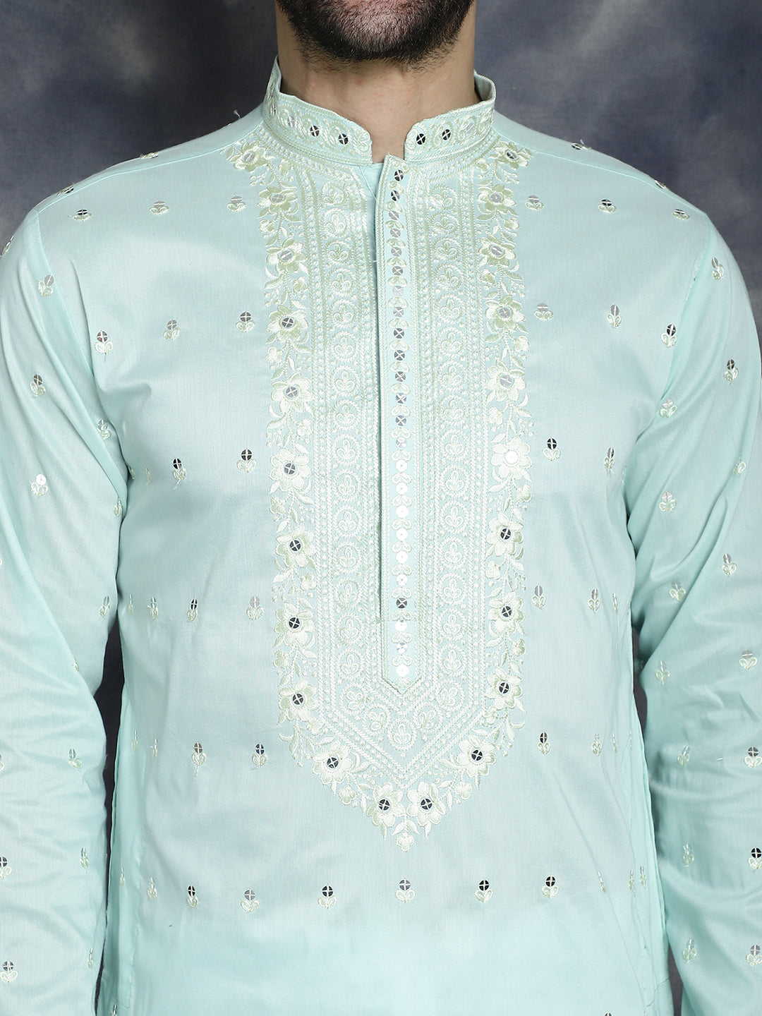 Jompers Men's Chikankari Embroidered Kurta - Sky Blue - Distacart