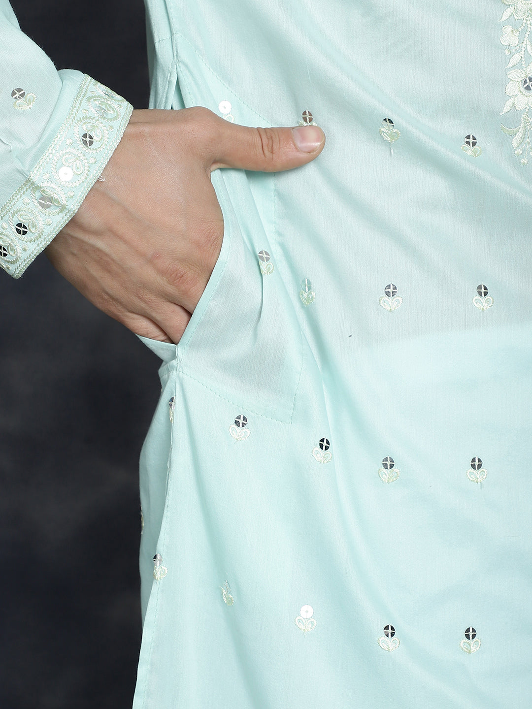 Jompers Men's Chikankari Embroidered Kurta - Sky Blue - Distacart