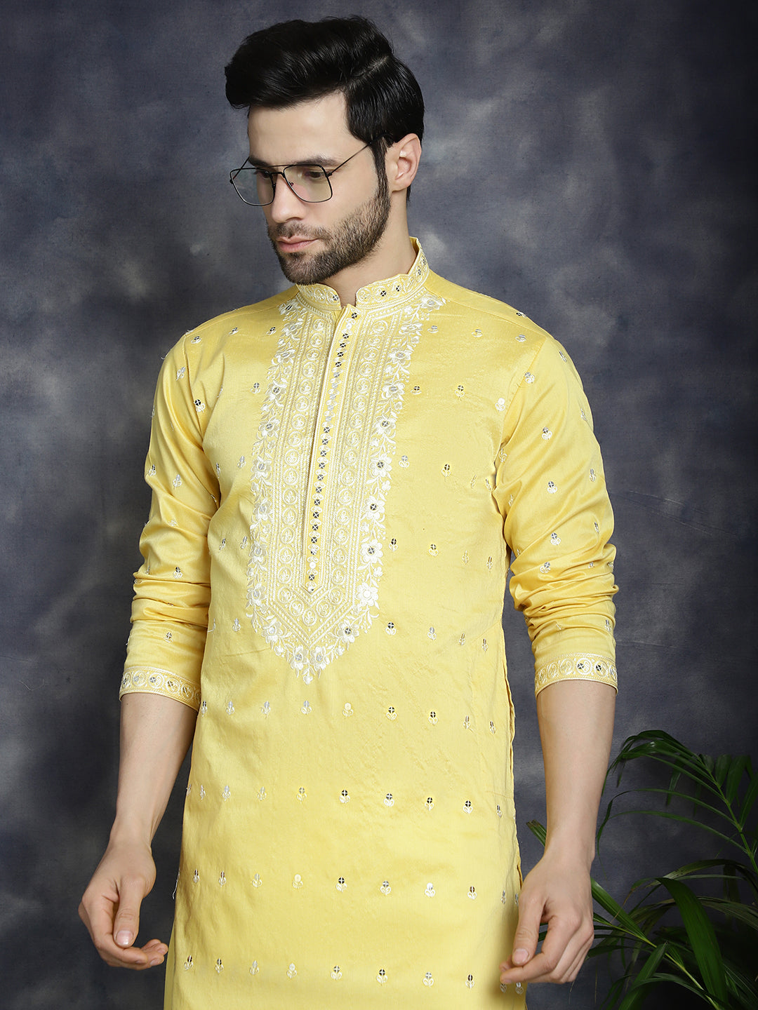 Jompers Men's Chikankari Embroidered Kurta - Yellow - Distacart