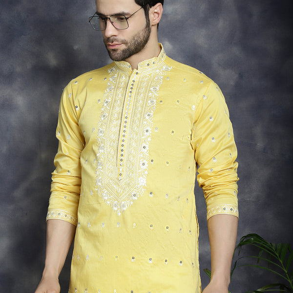 Jompers Men's Chikankari Embroidered Kurta - Yellow - Distacart