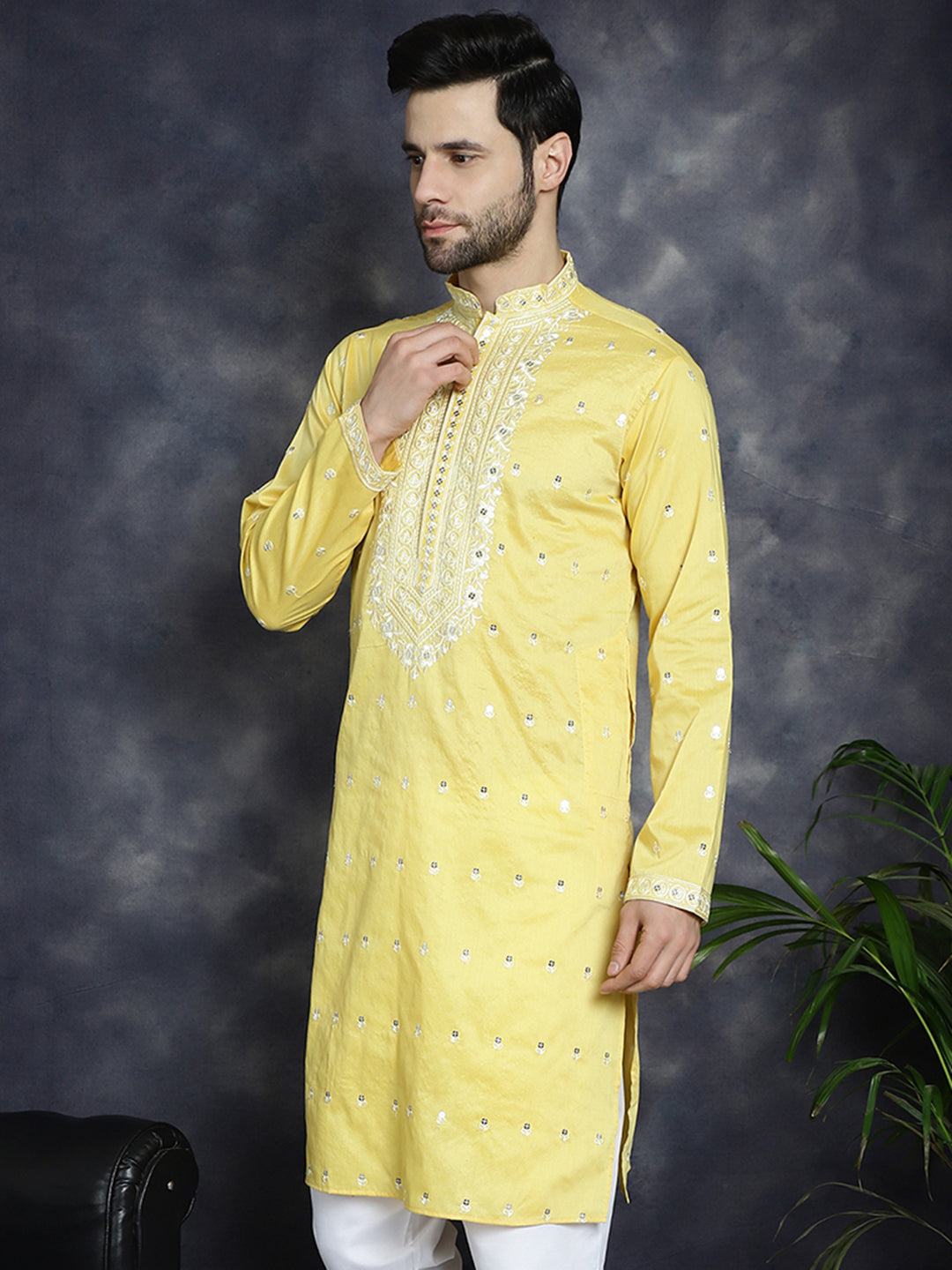Jompers Men's Chikankari Embroidered Kurta - Yellow - Distacart