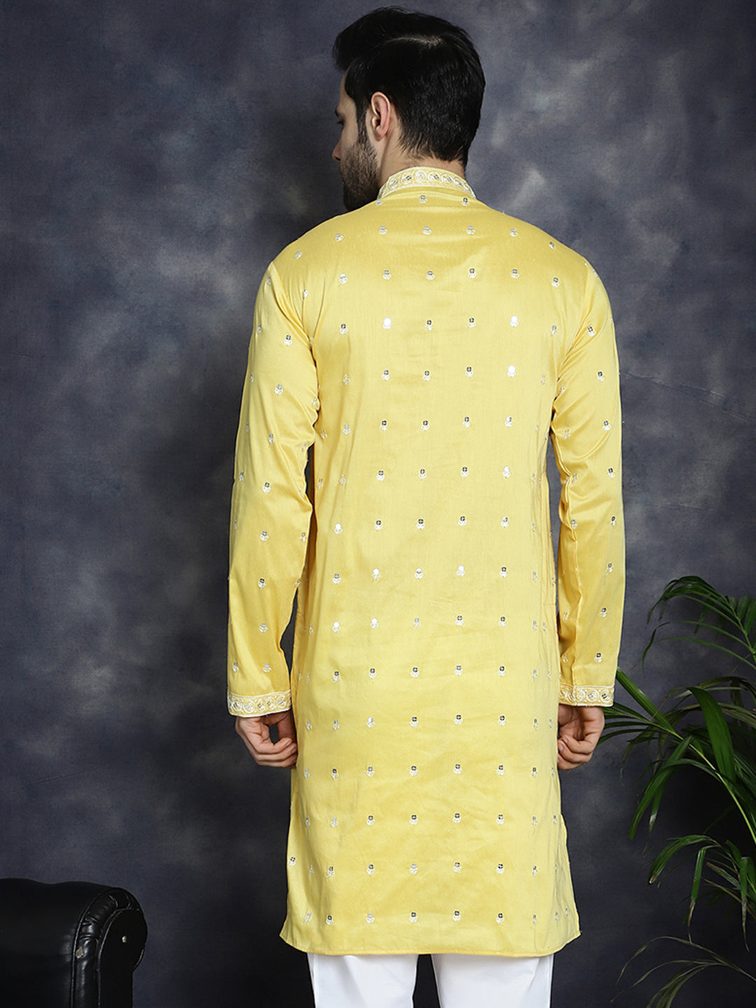 Jompers Men's Chikankari Embroidered Kurta - Yellow - Distacart