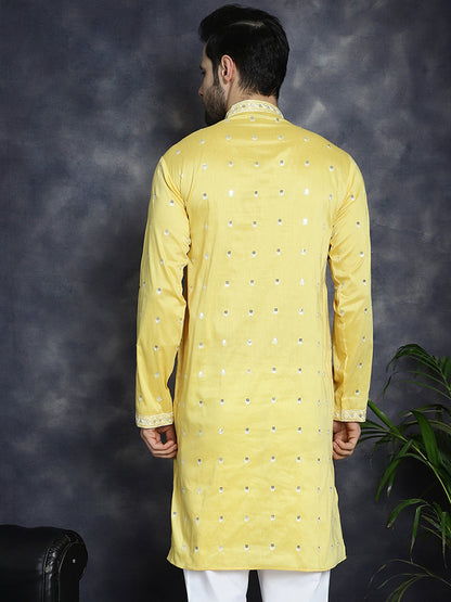 Jompers Men's Chikankari Embroidered Kurta - Yellow - Distacart