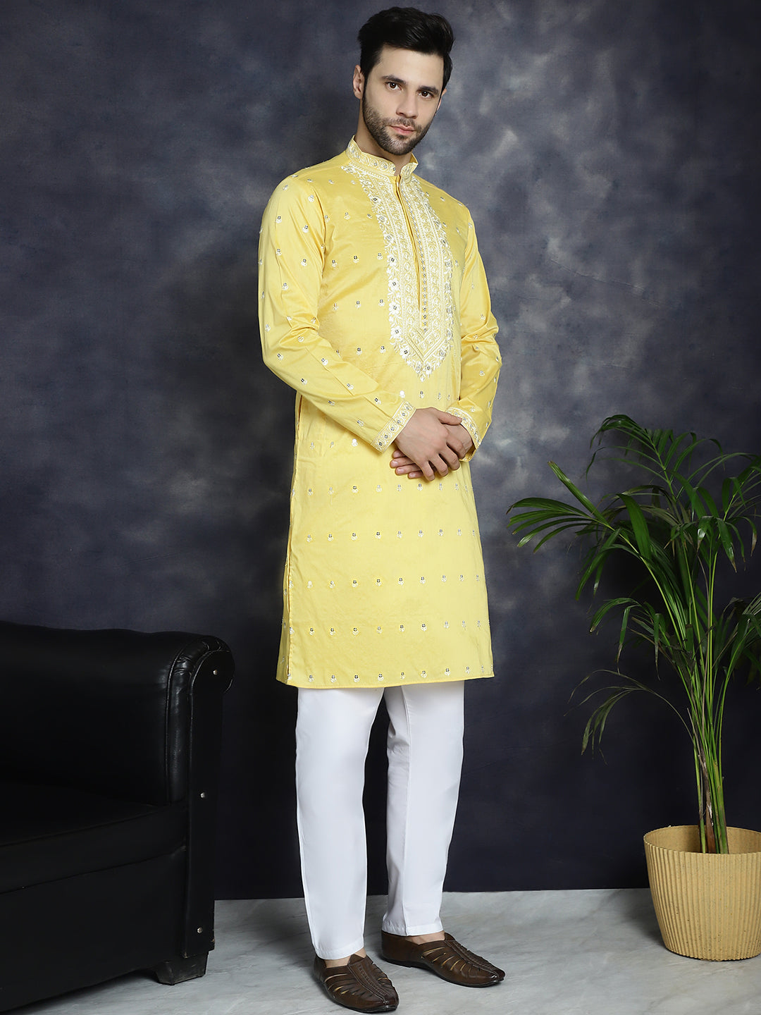 Jompers Men's Chikankari Embroidered Kurta - Yellow - Distacart