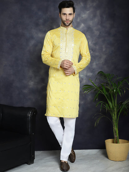 Jompers Men's Chikankari Embroidered Kurta - Yellow - Distacart