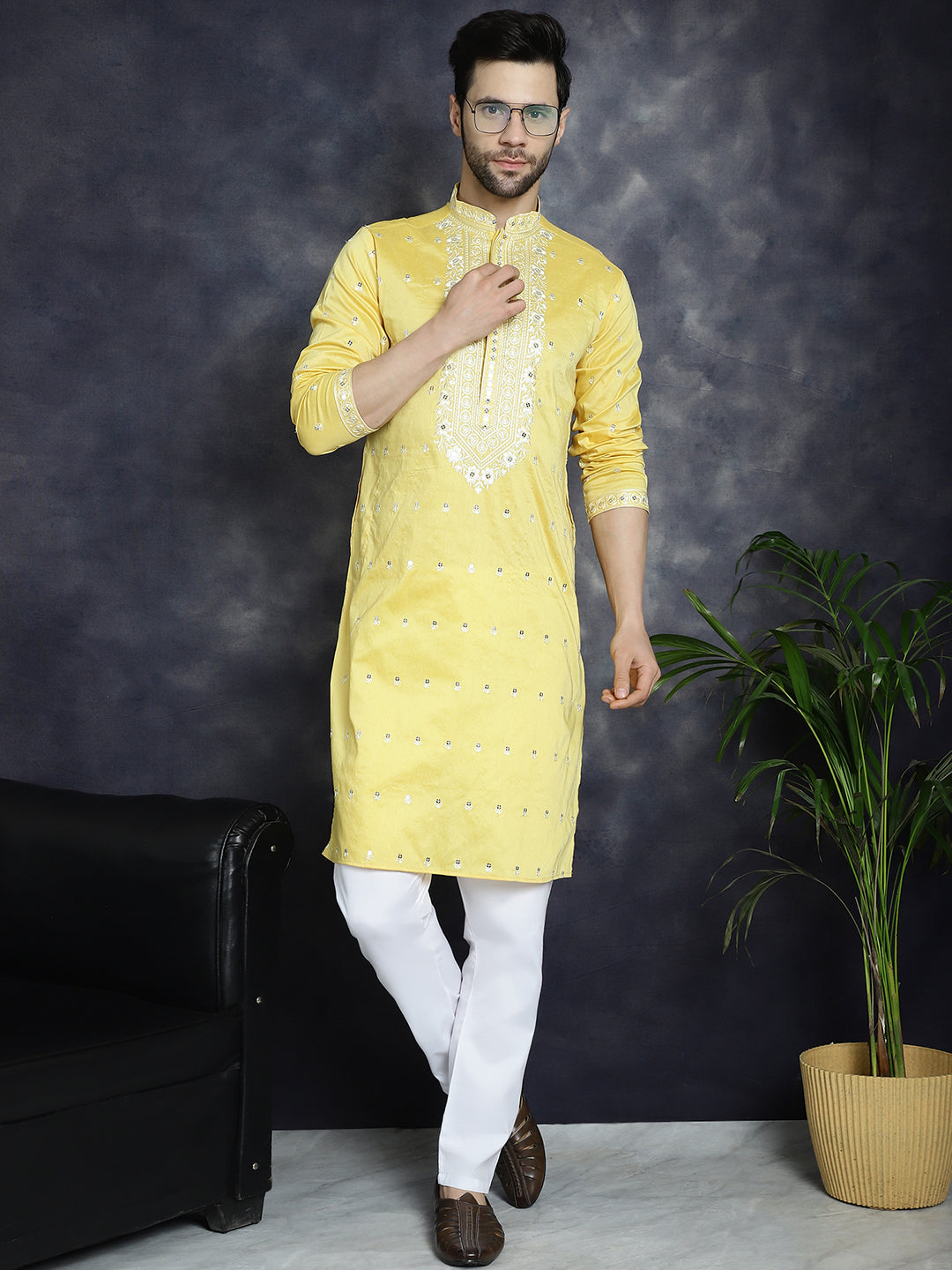 Jompers Men's Chikankari Embroidered Kurta - Yellow - Distacart