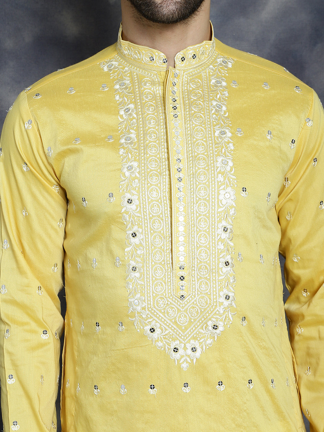 Jompers Men's Chikankari Embroidered Kurta - Yellow - Distacart