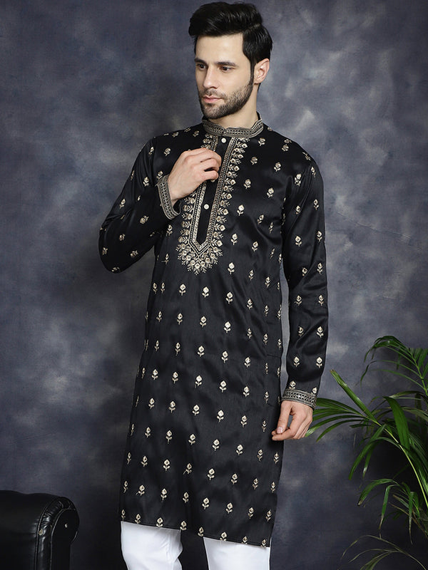 Jompers Men's Black Chikankari Embroidered Kurta - Black - Distacart