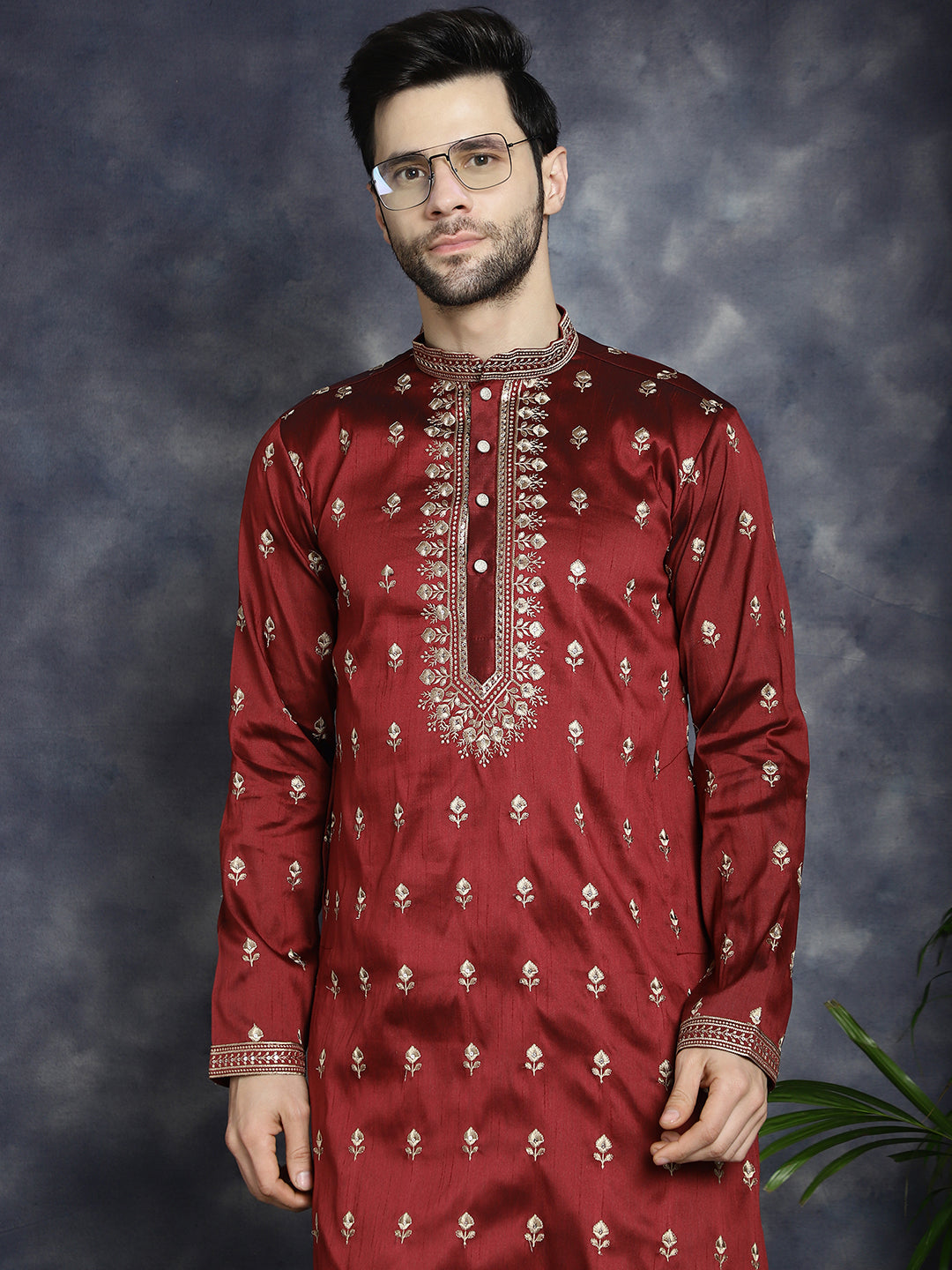Jompers Men's Maroon Chikankari Embroidered Kurta - Maroon - Distacart