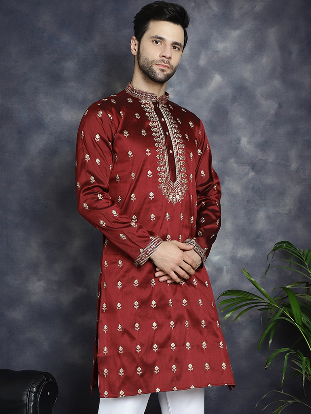 Jompers Men's Maroon Chikankari Embroidered Kurta - Maroon - Distacart