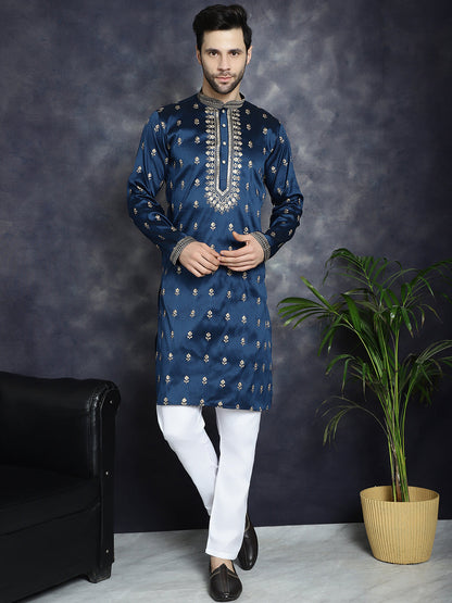 Jompers Men's Navy Blue Chikankari Embroidered Kurta - Navy Blue - Distacart
