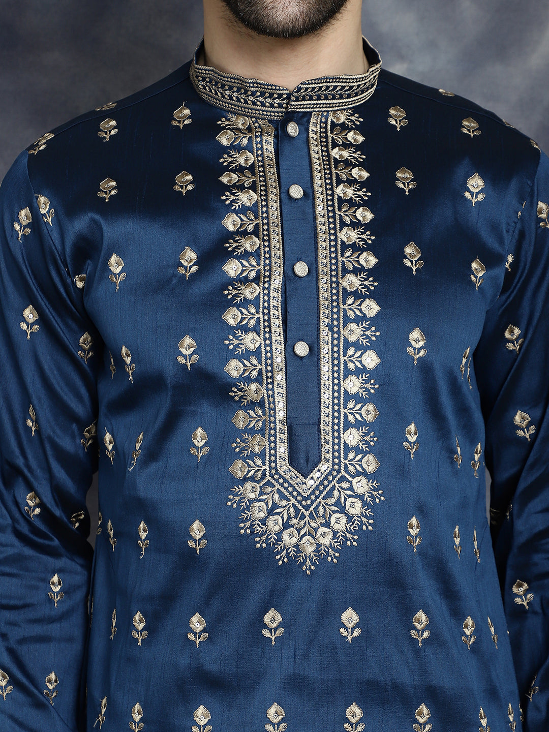 Jompers Men's Navy Blue Chikankari Embroidered Kurta - Navy Blue - Distacart