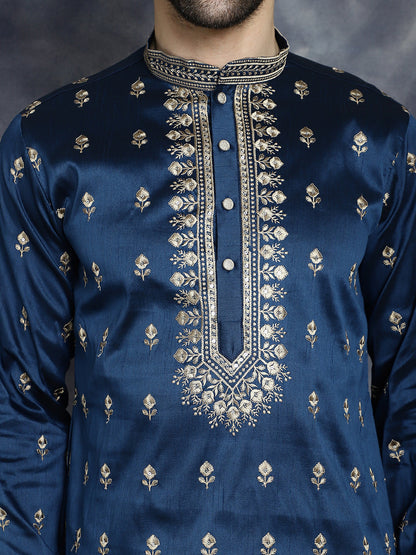 Jompers Men's Navy Blue Chikankari Embroidered Kurta - Navy Blue - Distacart
