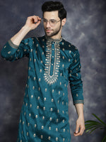 Thumbnail for Jompers Men's Peacock Blue Chikankari Embroidered Kurta - Peacock - Distacart