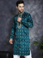 Thumbnail for Jompers Men's Peacock Blue Chikankari Embroidered Kurta - Peacock - Distacart