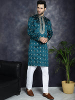 Thumbnail for Jompers Men's Peacock Blue Chikankari Embroidered Kurta - Peacock - Distacart