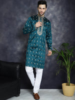 Thumbnail for Jompers Men's Peacock Blue Chikankari Embroidered Kurta - Peacock - Distacart