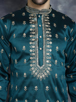 Thumbnail for Jompers Men's Peacock Blue Chikankari Embroidered Kurta - Peacock - Distacart