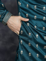 Thumbnail for Jompers Men's Peacock Blue Chikankari Embroidered Kurta - Peacock - Distacart