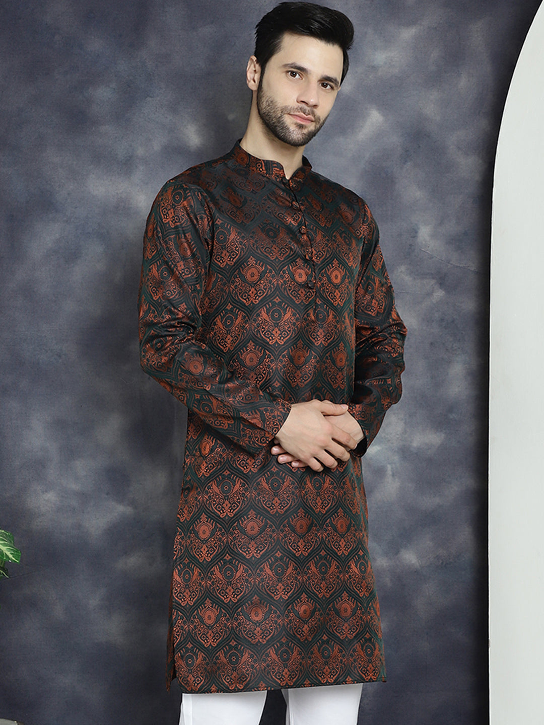 Jompers Men's Bronze Silk Blend Straight Kurta - Bronze - Distacart