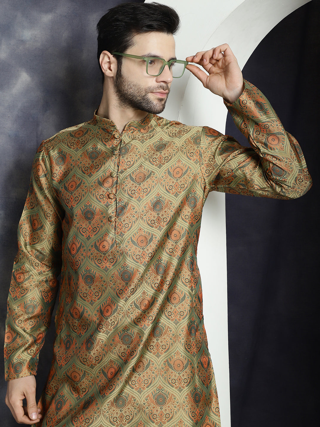 Jompers Men's Golden Silk Blend Straight Kurta - Golden - Distacart