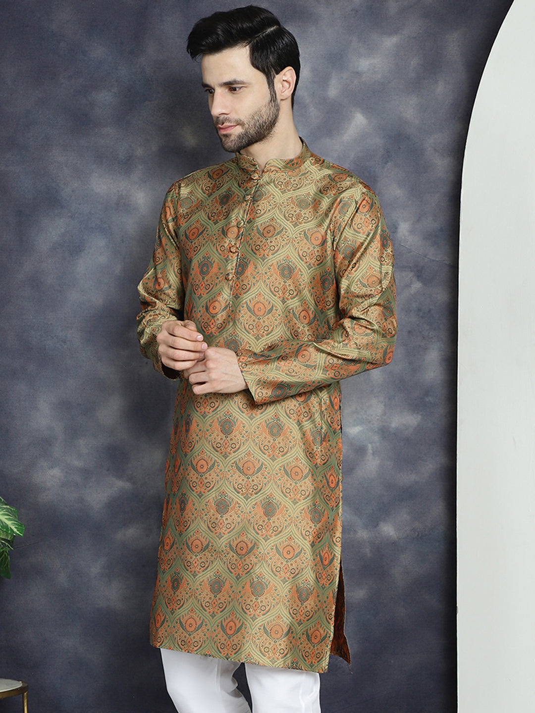 Jompers Men's Golden Silk Blend Straight Kurta - Golden - Distacart