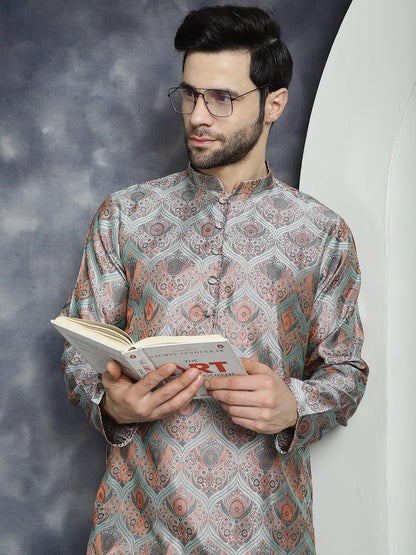 Jompers Men's Silver Silk Blend Straight Kurta - Silver - Distacart