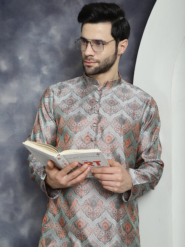 Jompers Men's Silver Silk Blend Straight Kurta - Silver - Distacart
