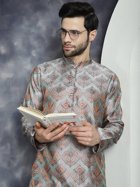 Jompers Men's Silver Silk Blend Straight Kurta - Silver - Distacart
