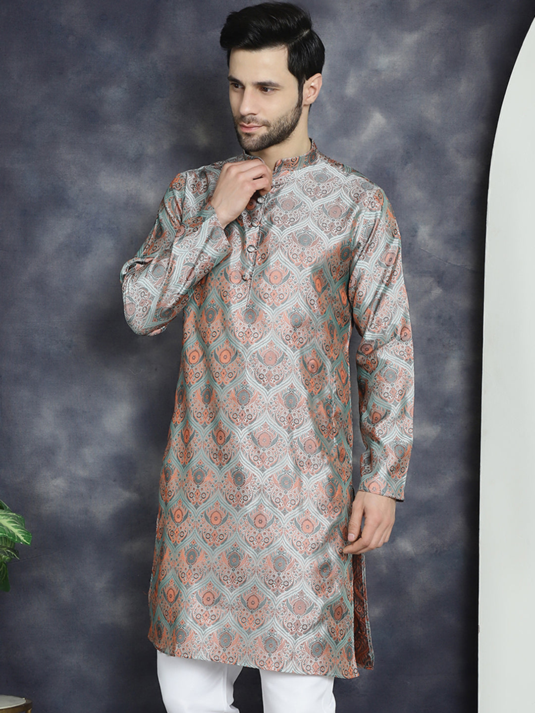 Jompers Men's Silver Silk Blend Straight Kurta - Silver - Distacart