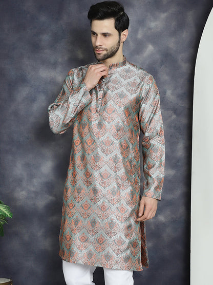 Jompers Men's Silver Silk Blend Straight Kurta - Silver - Distacart