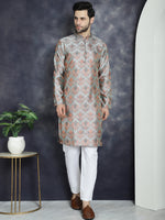 Thumbnail for Jompers Men's Silver Silk Blend Straight Kurta - Silver - Distacart