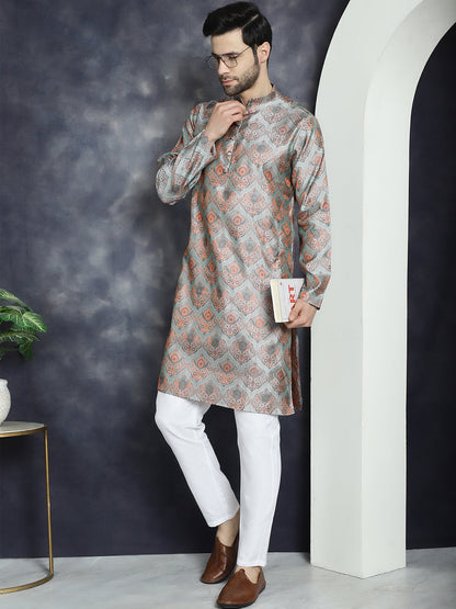 Jompers Men's Silver Silk Blend Straight Kurta - Silver - Distacart
