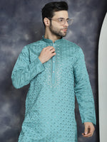 Thumbnail for Jompers Men's Sequins Embroidered Kurta - Blue - Distacart