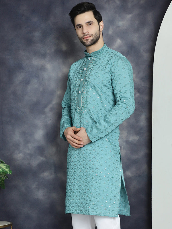 Jompers Men's Sequins Embroidered Kurta - Blue - Distacart