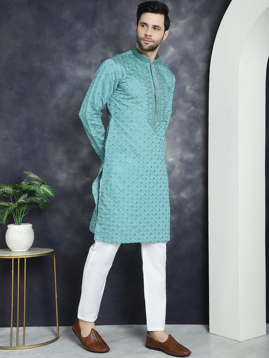 Jompers Men's Sequins Embroidered Kurta - Blue - Distacart
