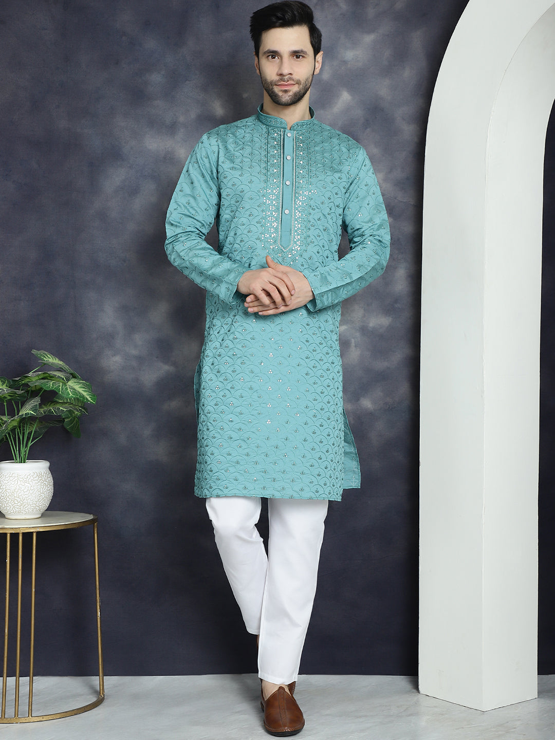 Jompers Men's Sequins Embroidered Kurta - Blue - Distacart