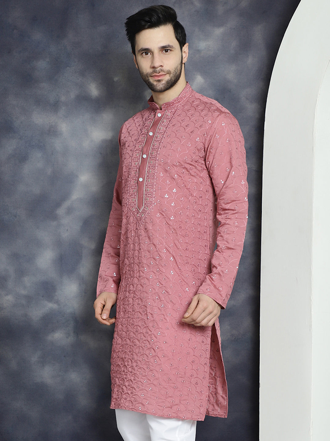 Jompers Men's Sequins Embroidered Kurta - Coral - Distacart
