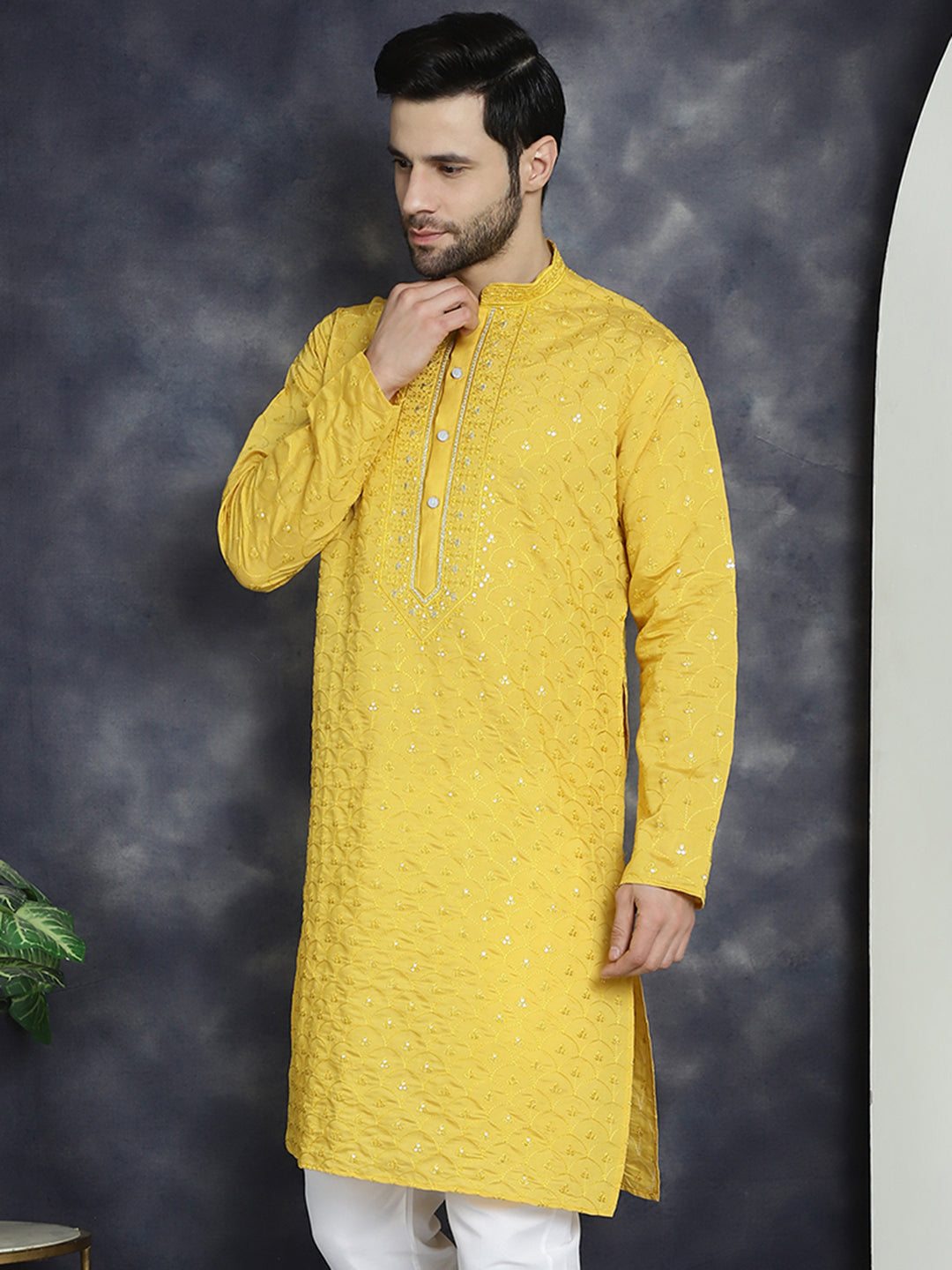 Jompers Men's Sequins Embroidered Kurta - Mustard - Distacart