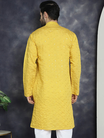 Jompers Men's Sequins Embroidered Kurta - Mustard - Distacart